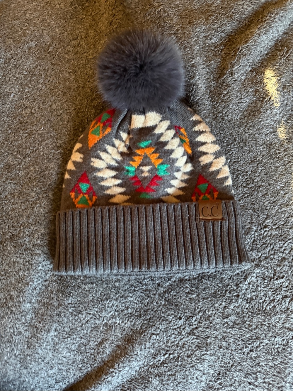 C.C Gray Beanie with Colorful Aztec Knits & Pom